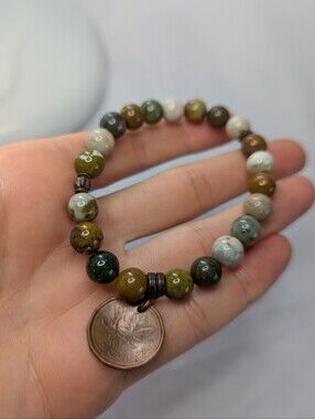 Multi-Color Jasper Beaded Stretch Bracelet with Coin Charm